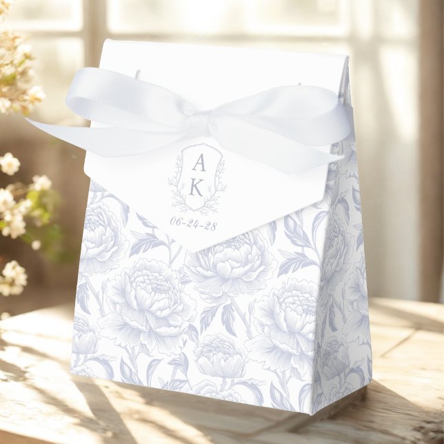 Dusty Blue Monogram Crest Chinoiserie Peonies Favour Box (Creator Uploaded)