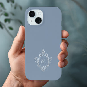 Dusty Blue Monogram Crest Elegant Vintage Grey iPhone 15 Case