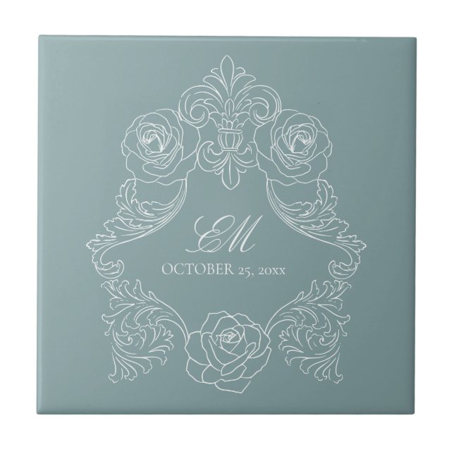 Dusty Blue Monogram Crest Regency Wedding Tile (Front)
