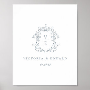 Dusty Blue Monogram Crest Wedding Poster