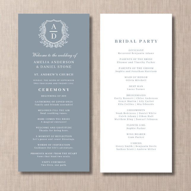 Dusty Blue Monogram Crest Wedding Program (Creator Uploaded)