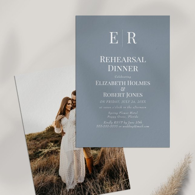 Dusty Blue Monogram Custom Photo Rehearsal Dinner Invitation (Dusty Blue Monogram Custom Photo Rehearsal Dinner Invitation on white table with dry wildflower.)