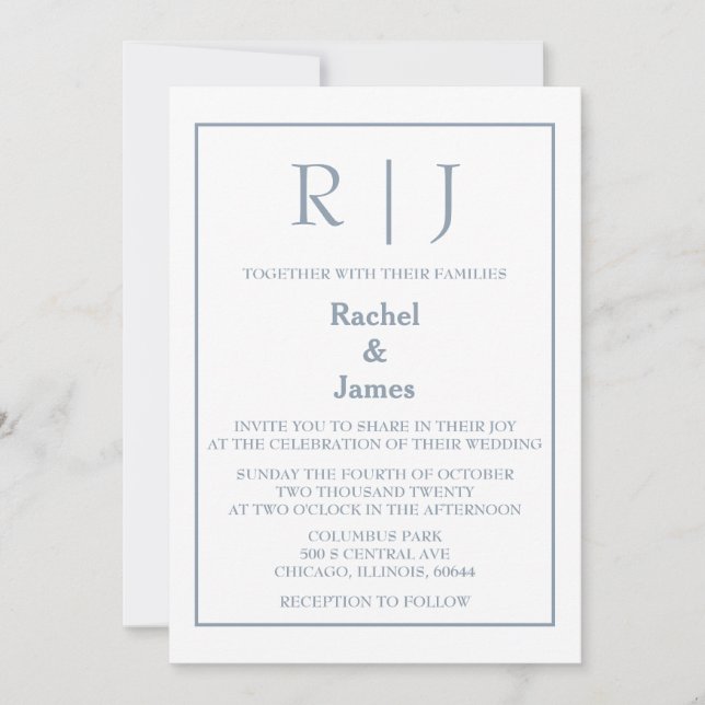 Dusty Blue Monogram Elegant Classy Minimal Wedding Invitation (Front)