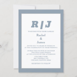 Dusty Blue Monogram Elegant Minimal Style Wedding Invitation