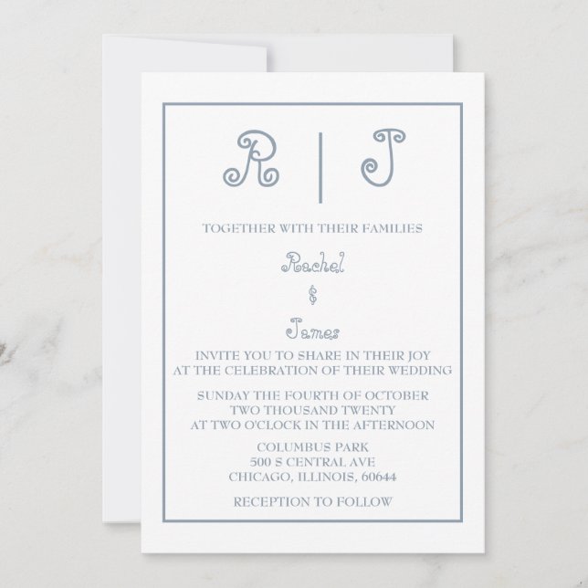 Dusty Blue Monogram Elegant Script Minimal Wedding Invitation (Front)