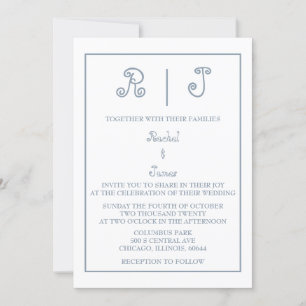 Dusty Blue Monogram Elegant Script Minimal Wedding Invitation