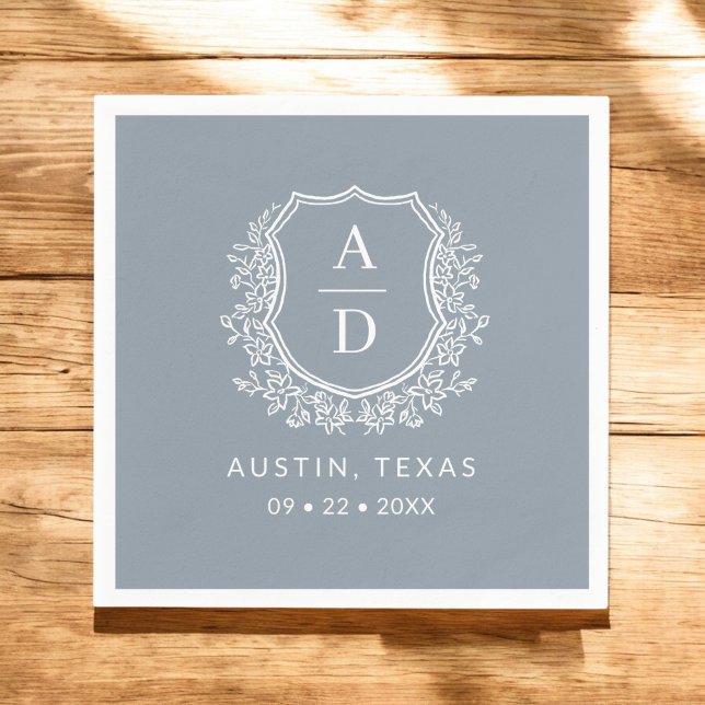 Dusty Blue Monogram Floral Wedding Crest Napkin (Creator Uploaded)