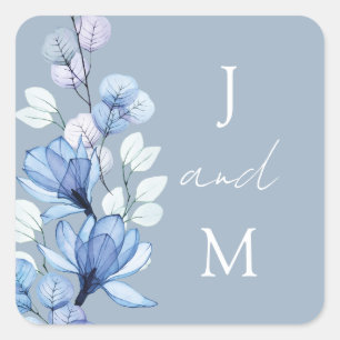 Dusty Blue Monogram Floral Wedding Favour Square Sticker