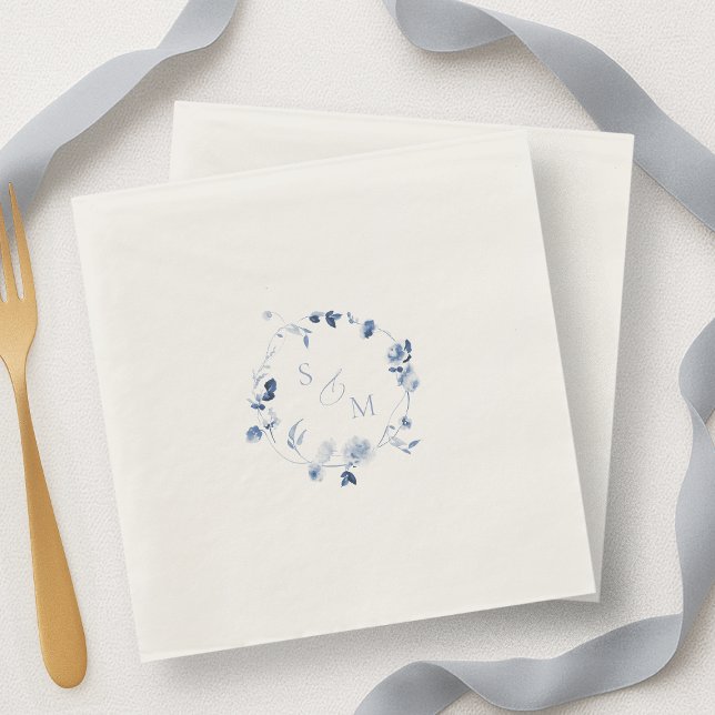 Dusty Blue Monogram Floral Wedding Napkin (Creator Uploaded)