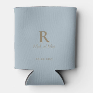 Dusty Blue Monogram Gold Text Wedding Can Cooler