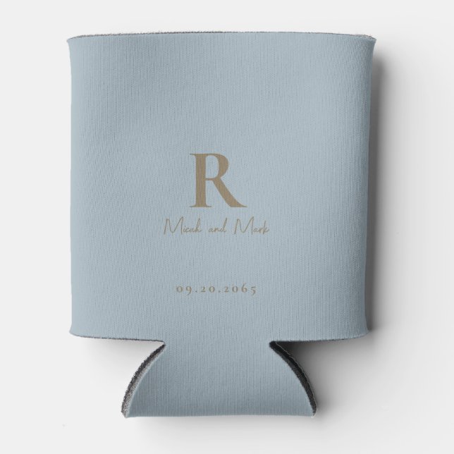 Dusty Blue Monogram Gold Text Wedding Can Cooler (Front)