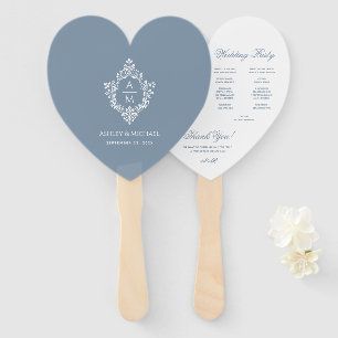 Dusty Blue Monogram in Crest Wedding Program Heart Hand Fan