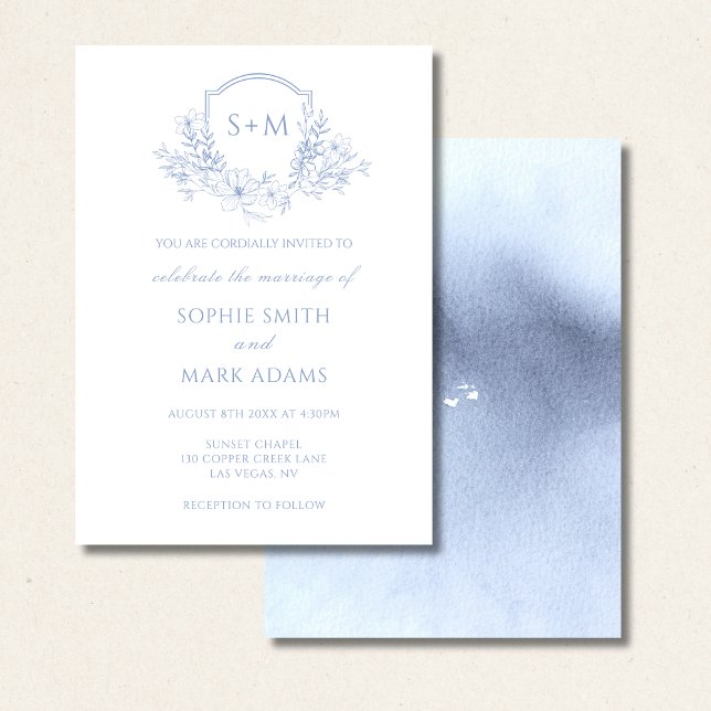 Dusty Blue Monogram Initial Crest Floral Wedding Invitation (Creator Uploaded)