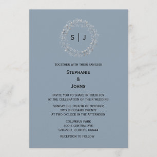 Dusty Blue Monogram Leaf Crest Elegant Wedding Invitation