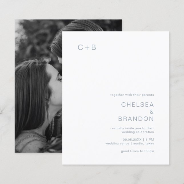 Dusty Blue Monogram Modern Budget Wedding Invite (Front/Back)