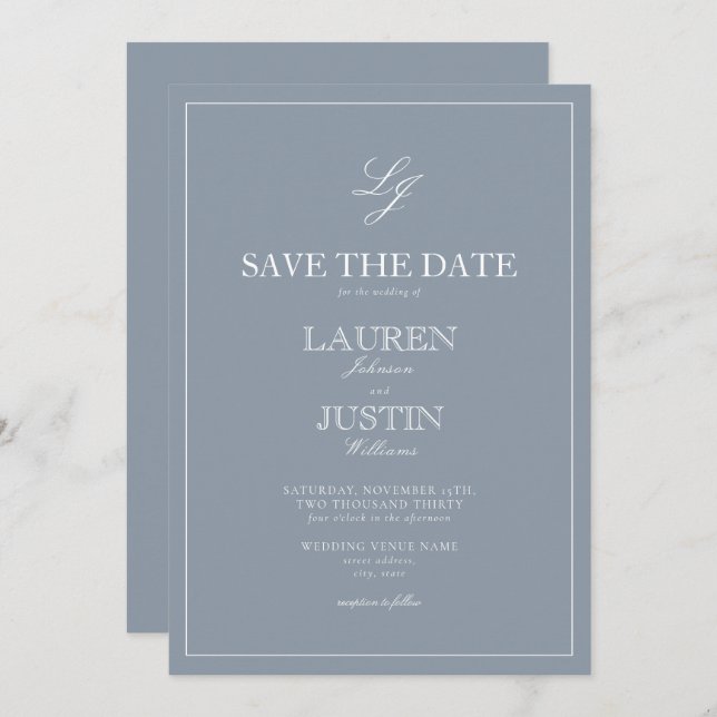 Dusty Blue Monogram Modern Script Save the Date Invitation (Front/Back)