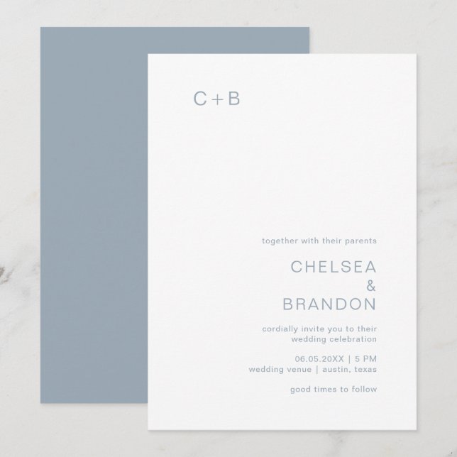 Dusty Blue Monogram Modern Wedding Invitation (Front/Back)