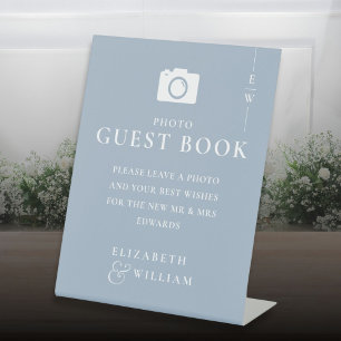 Dusty Blue Monogram Photo Guest Book Wedding Pedestal Sign