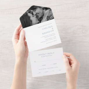 Dusty Blue Monogram Photo Modern Wedding All In One Invitation