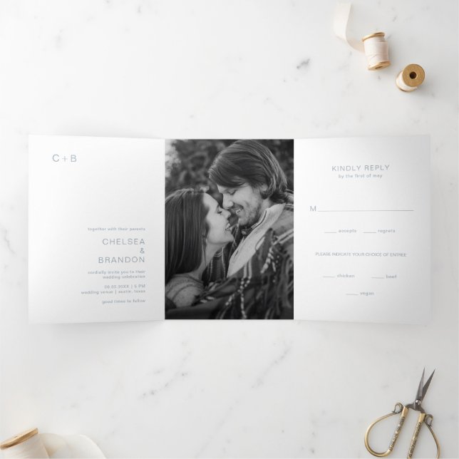 Dusty Blue Monogram Photo Modern Wedding Tri-Fold Invitation (Inside)