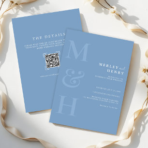 Dusty Blue Monogram QR Code All In One Wedding Invitation