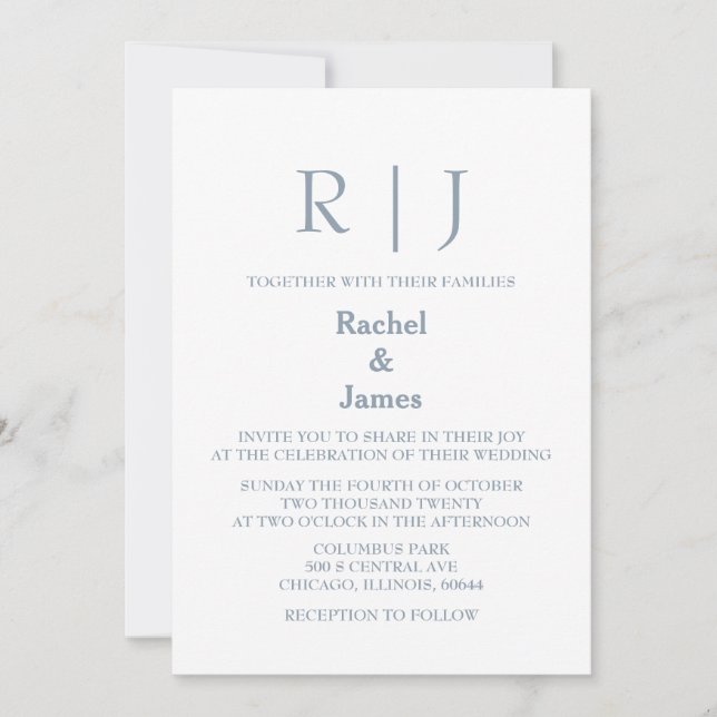 Dusty Blue Monogram QR Code Classy Minimal Wedding Invitation (Front)