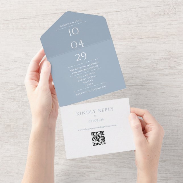 Dusty Blue Monogram QR Code Wedding Date All In One Invitation (Tearaway)