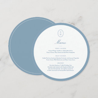 Dusty Blue Monogram Round Wedding Menu Card