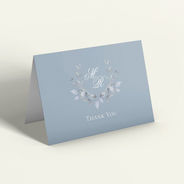Dusty Blue Monogram Script Wedding Thank You Card (Dusty blue horizontal wedding thank you card with elegant monogram and soft botanical wreath)