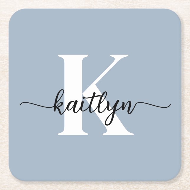 Dusty Blue Monogram Square Paper Coaster (Front)