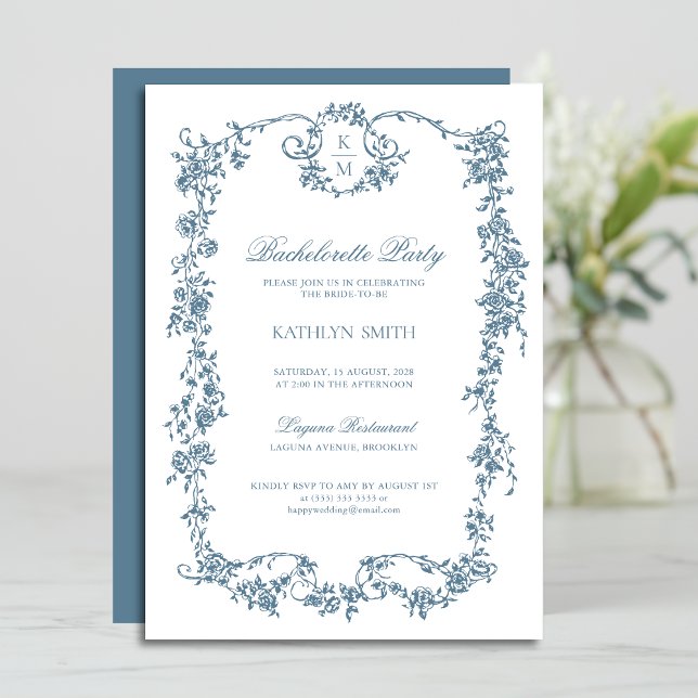 Dusty Blue Monogram Vintage Bachelorette Party Invitation (Creator Uploaded)