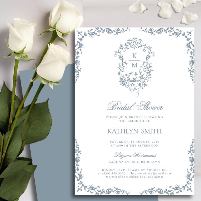 Dusty Blue Monogram Vintage Crest Bridal Shower Invitation (Creator Uploaded)