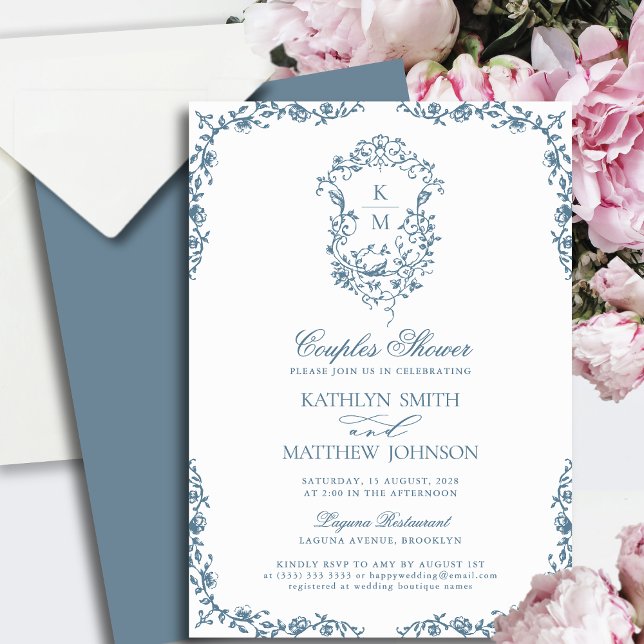 Dusty Blue Monogram Vintage Crest Couples Shower Invitation (Creator Uploaded)