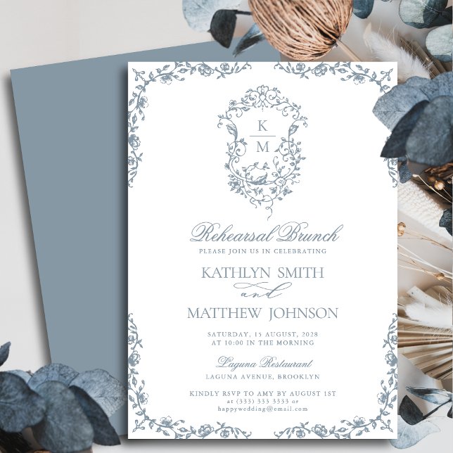 Dusty Blue Monogram Vintage Crest Rehearsal Brunch Invitation (Creator Uploaded)