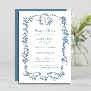 Dusty Blue Monogram Vintage Elegant Couples Shower Invitation
