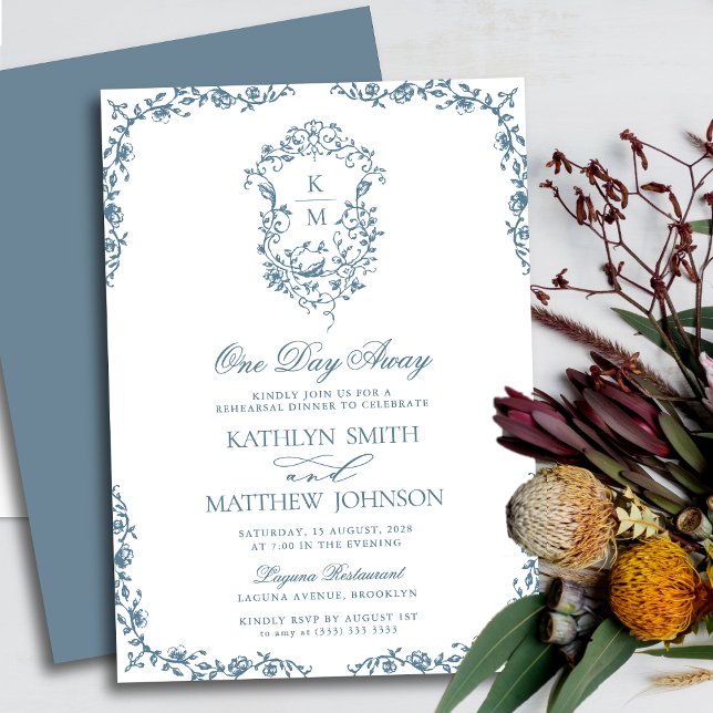 Dusty Blue Monogram Vintage One Day Away Invitation (Creator Uploaded)