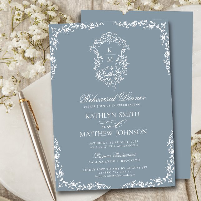 Dusty Blue Monogram Vintage Rehearsal Dinner Invitation (Creator Uploaded)