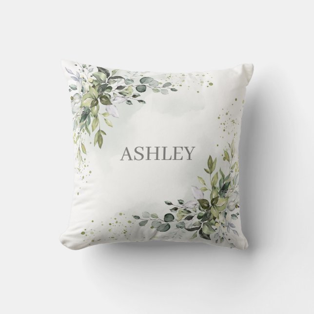 Dusty Blue Monogram Watercolor Greenery Name Cushion (Front)