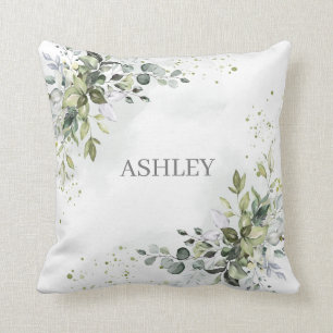 Dusty Blue Monogram Watercolor Greenery Name Cushion