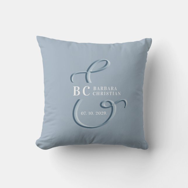 Dusty Blue Monogram Wedding Cushion (Front)