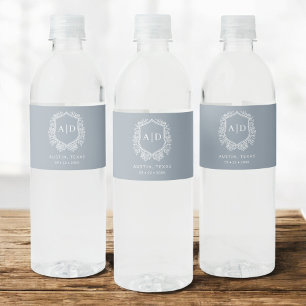 Dusty Blue Monogram Wedding Floral Crest Water Bottle Label