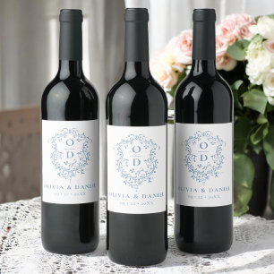 Dusty Blue Monogram Wedding Floral Crest Wine Label