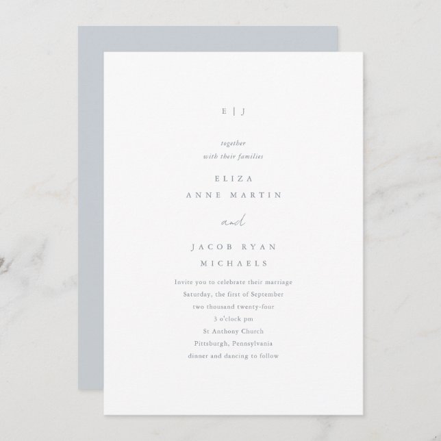 Dusty Blue Monogram Wedding Invitation (Front/Back)