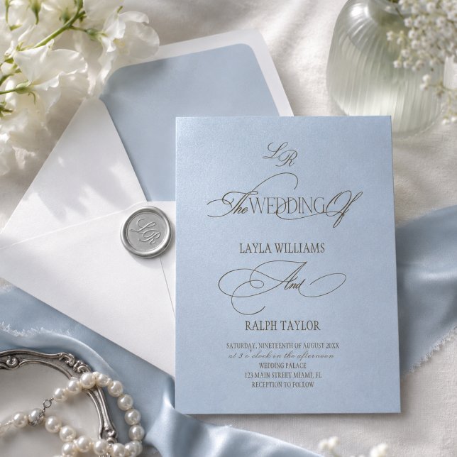 Dusty Blue Monogram Wedding Invitation (Creator Uploaded)