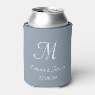 Dusty Blue Monogram Wedding Party Favor  Can Cooler