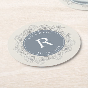 Dusty Blue Monogram Wedding Round Paper Coaster