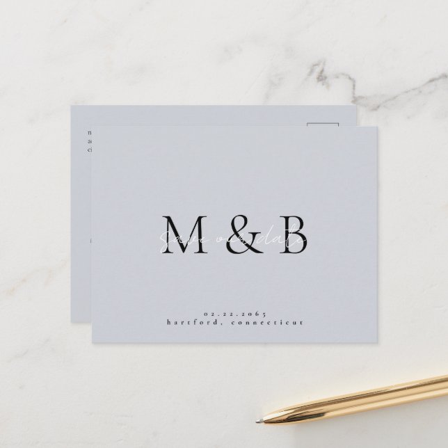 Dusty Blue Monogram Wedding Save the Date Announcement Postcard (Front/Back In Situ)