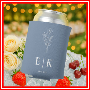 Dusty Blue Monogram Wildflower Wedding Can Cooler