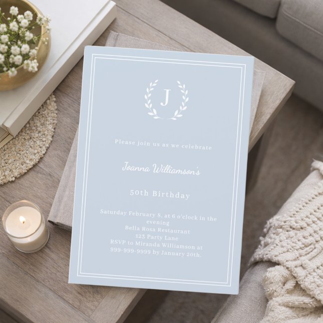 Dusty blue monogram wreath minimalist birthday invitation (Creator Uploaded)
