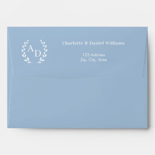 Dusty blue monogram wreath return address envelope